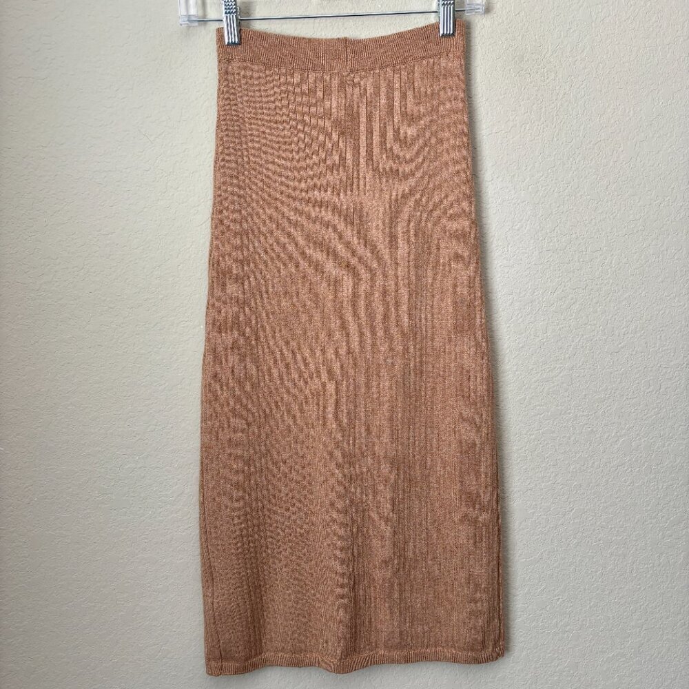 Free People Skyline Front Slit Rib Midi Skirt Stretch Beige - Picture 6 of 9